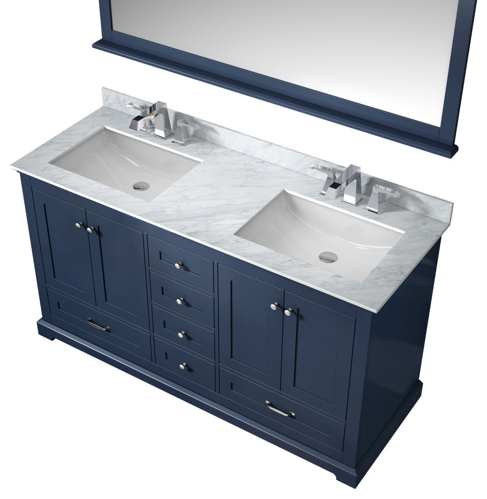 Dukes 60" Navy Blue Double Vanity, White Square Sinks, 58" Mirror With Faucets