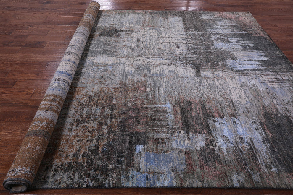 8' 2" X 10' 2" Abstract Handmade Wool and Silk Rug Q8884