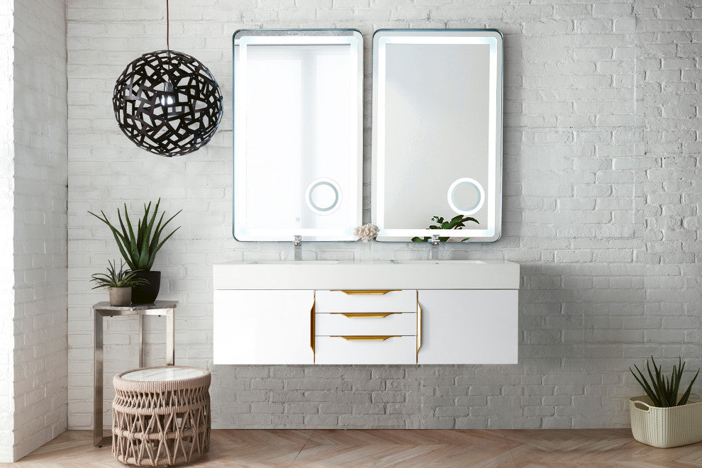 Columbia 59" Double Wall Mount Vanity, Glossy White, Gold, Glossy White Top