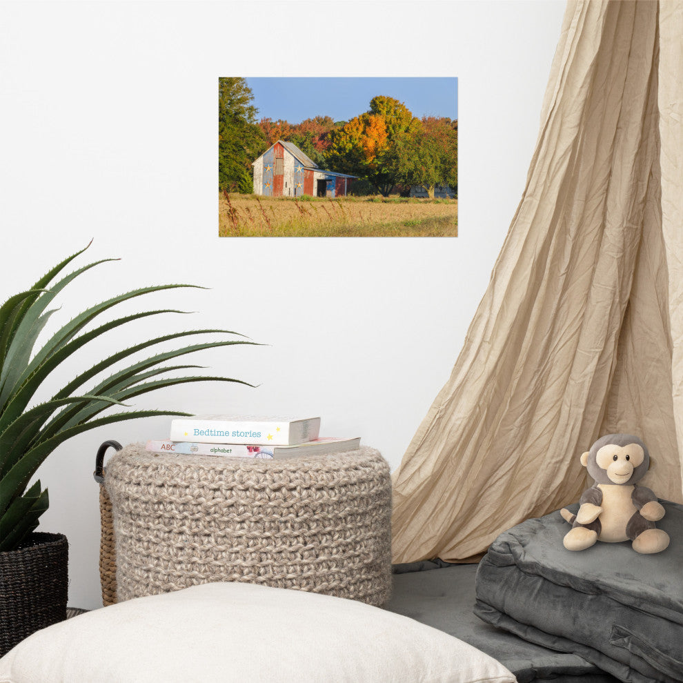 Patriotic Barn in Field Landscape Photo, Rural Unframed Wall Art Print, 12" X 18"