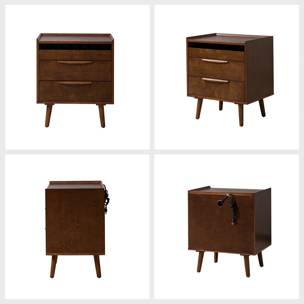 Mid-Century Modern 3-Drawer Nightstand With Charging Station, Walnut
