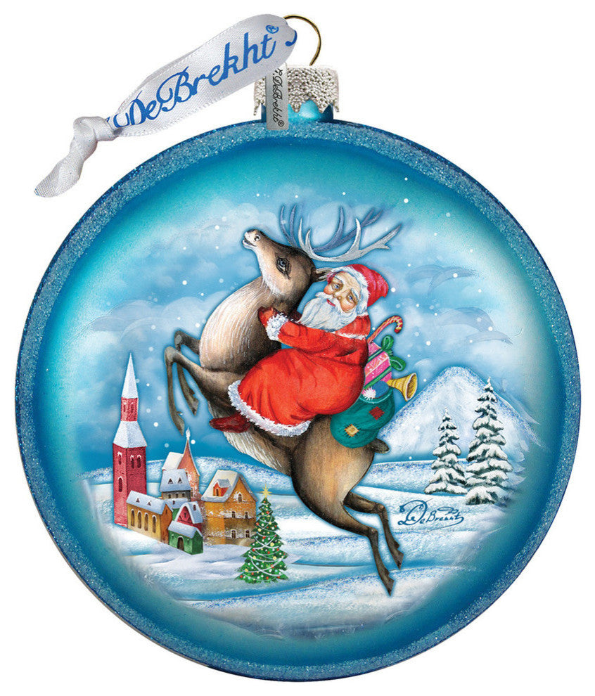 Hand Painted Scenic Glass Ornament Reindeer Santa