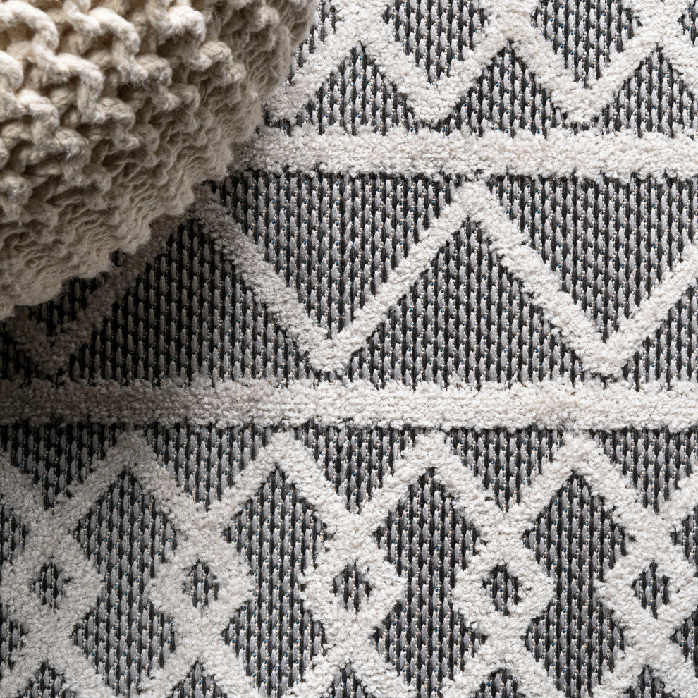 Aylan High-Low Pile Trellis Indoor/Outdoor Black/Ivory 2 ft. x 10 ft. Runner Rug