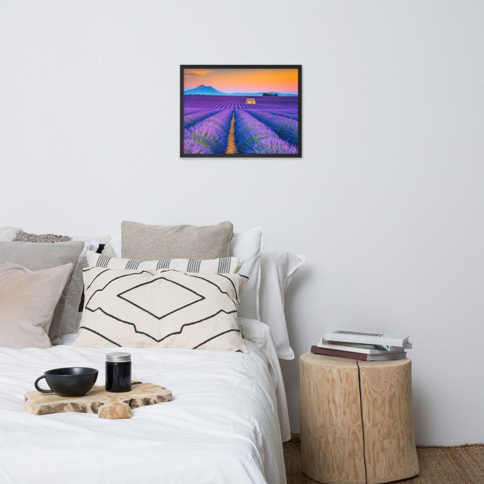 Blooming Lavender Field and Sunset Floral Landscape Framed Photo Wall Art Prints, Black, 18" X 24"