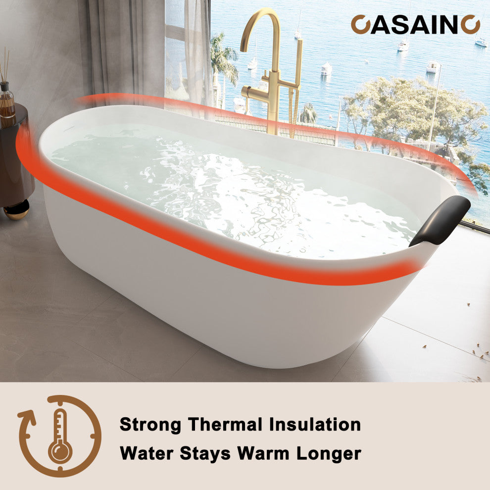 59in White Solid Surface Freestanding Soaking Bathtub with Drain, 67in