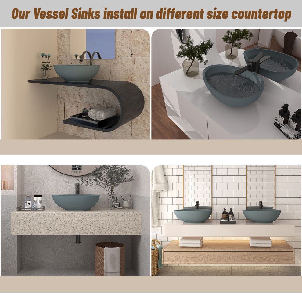 21in Bathroom Egg-shaped Concrete Vessel Sink With Drainer, Blue Ashes