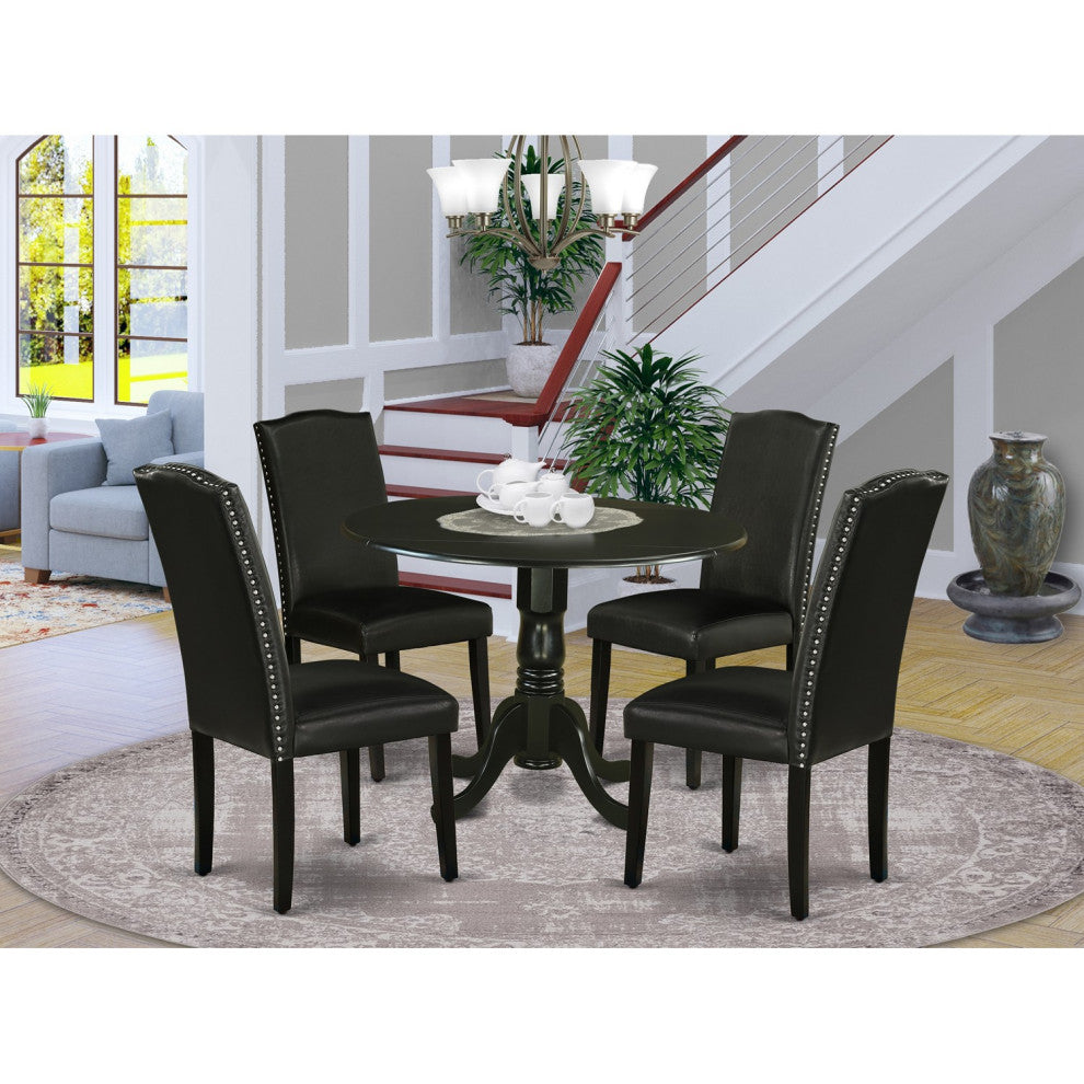5Pc 42" Kitchen Table, Two 9"Drop Leaves, Four Chair, Pu Leather Color Black