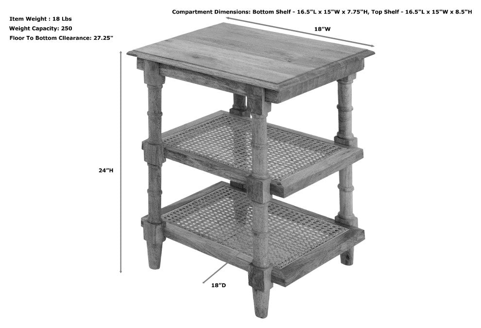 Chesterfield Wood and Cane 3 Shelf Accent Table, Natural Mango