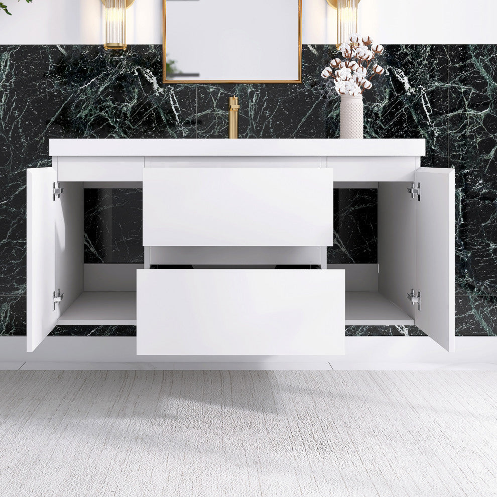Wall-Mounted Bathroom Vanity with Integrated Resin Sink, White, 48in.
