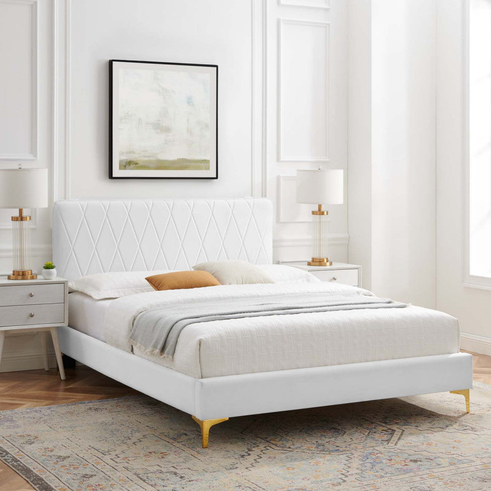 Platform Bed Frame, Queen Size, Velvet, White, Modern Contemporary, Bedroom