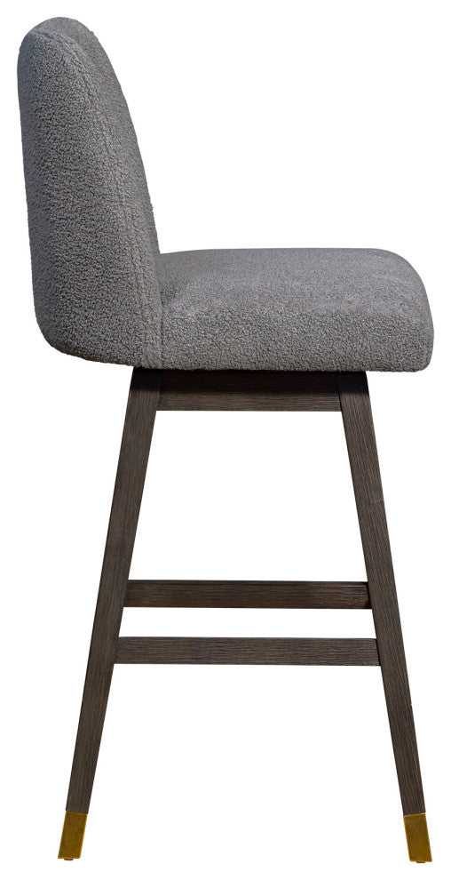 Amalie Swivel Bar Stool in Grey Oak Wood Finish with Grey Boucle Fabric
