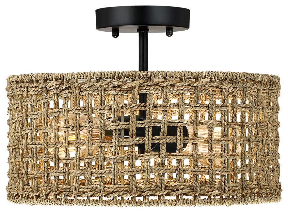 14" W 2-Light Rattan Drum Semi-Flush Mount Ceiling Light