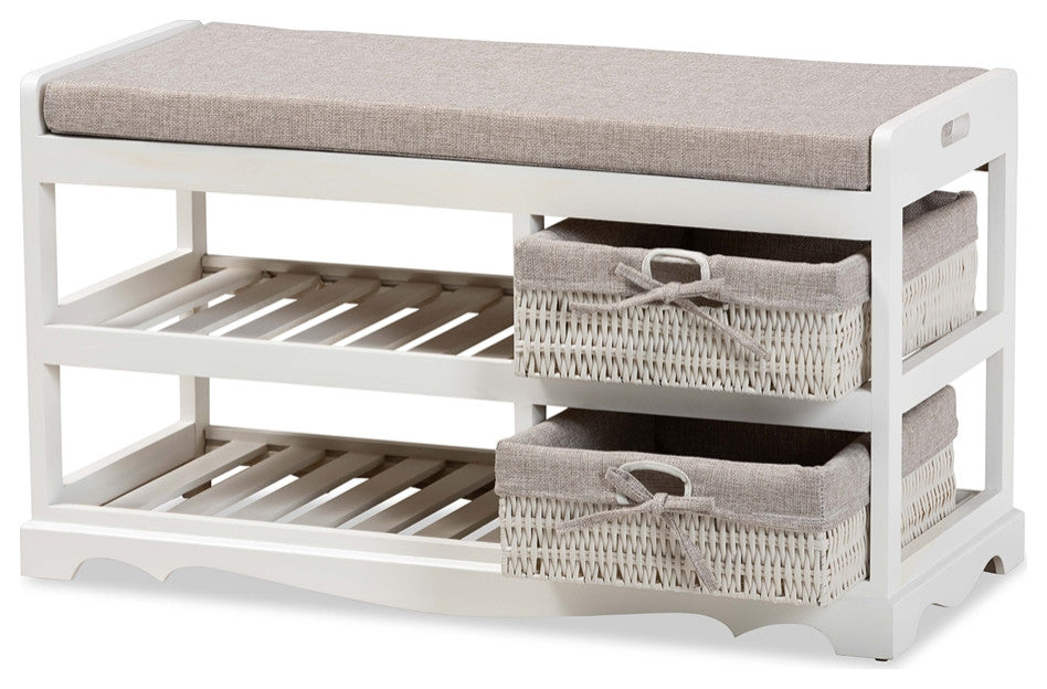 Contemporary Gray Fabric, White Wood Storage Bench With Baskets