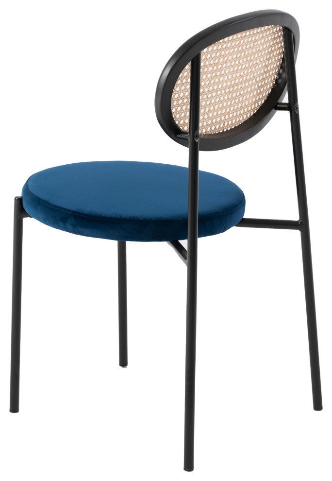 LeisureMod Euston Dining Chair with Wicker Back & Velvet Seat Set of 2, Navy Blue