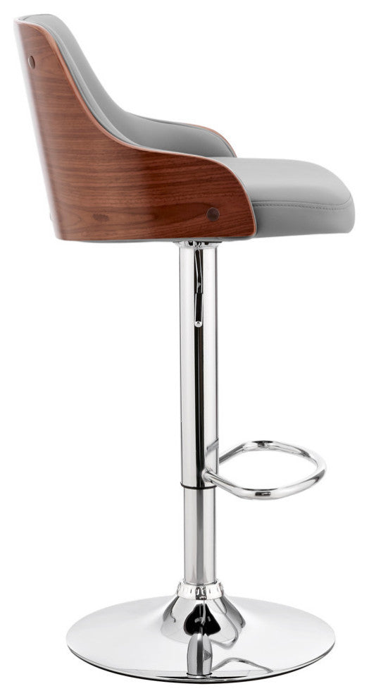 Asher Adjustable Faux Leather and Metal Bar Stool, Gray and Chrome