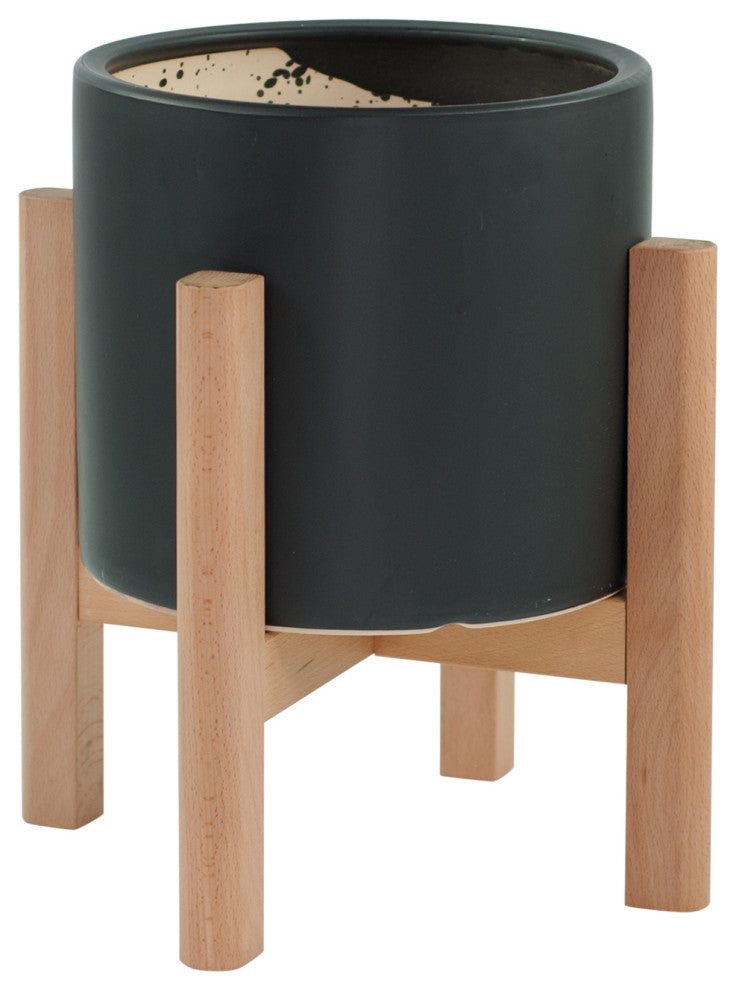 Large Ceramic Cylinder Planter 10'' Black With Wood Plant Stand Natural Color