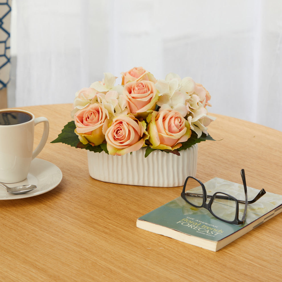 7" Rose and Hydrangea Artificial Arrangement, White Vase
