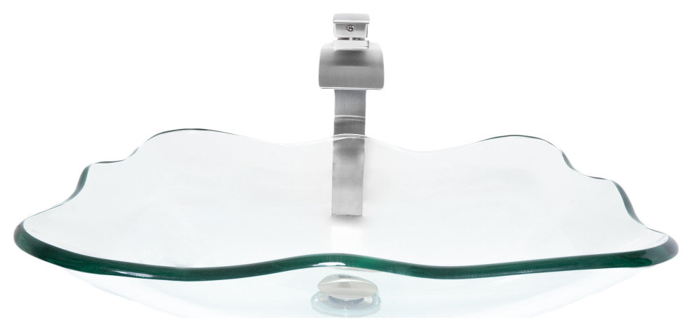 Clear Scalloped Tempered Glass Vessel Bathroom Sink Combo with Faucet and Drain, Brushed Nickel