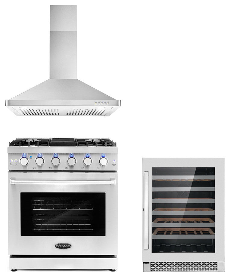 3-Piece, 30" Gas Range, 30" Range Hood, 48 Bottle Wine Refrigerator