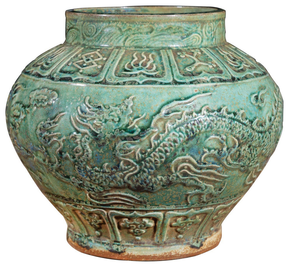 Speckled Green Carved Dragon Open Top Jar