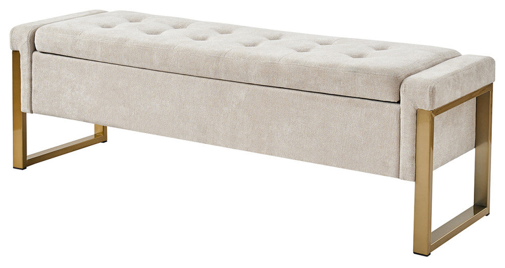 48"W Modern Upholstered Flip Top Storage Bench With Metal Legs, Beige