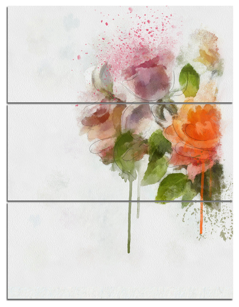 Pink and Orange Roses on White, Modern Forest Canvas Art, 28x36, 3 Panels