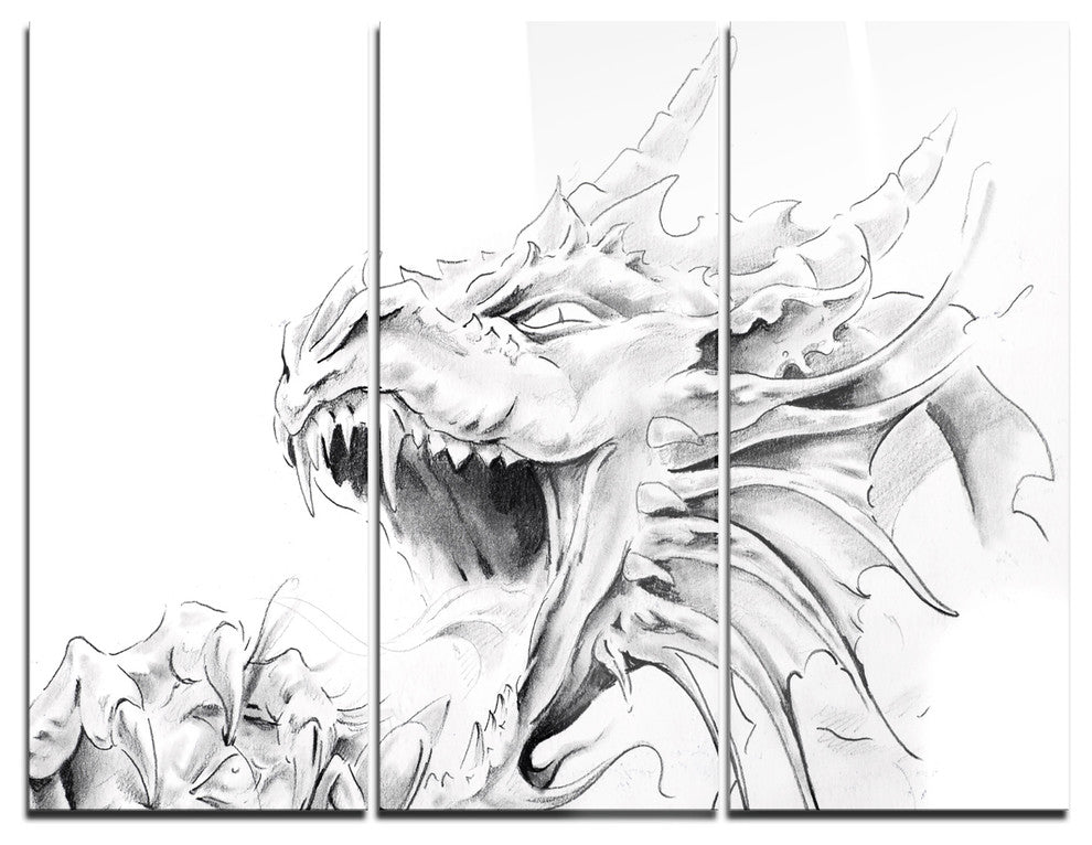 "Dragon Tattoo Sketch" Digital Metal Wall Art, 3 Panels, 36"x28"