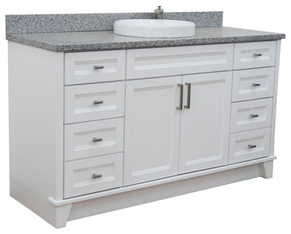 61" Single Sink Vanity, White Finish And Gray Granite And Round Sink