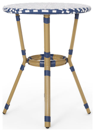 Deshler Outdoor Aluminum French Bistro Table, Navy Blue + White + Bamboo Finish