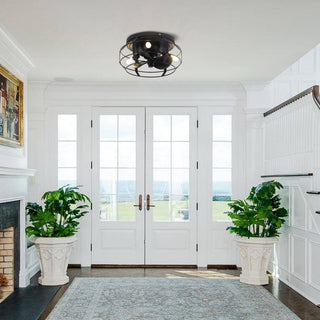 12 in Black Flush Mount Caged DC Motor Ceiling Fan with Light Kit and Remote