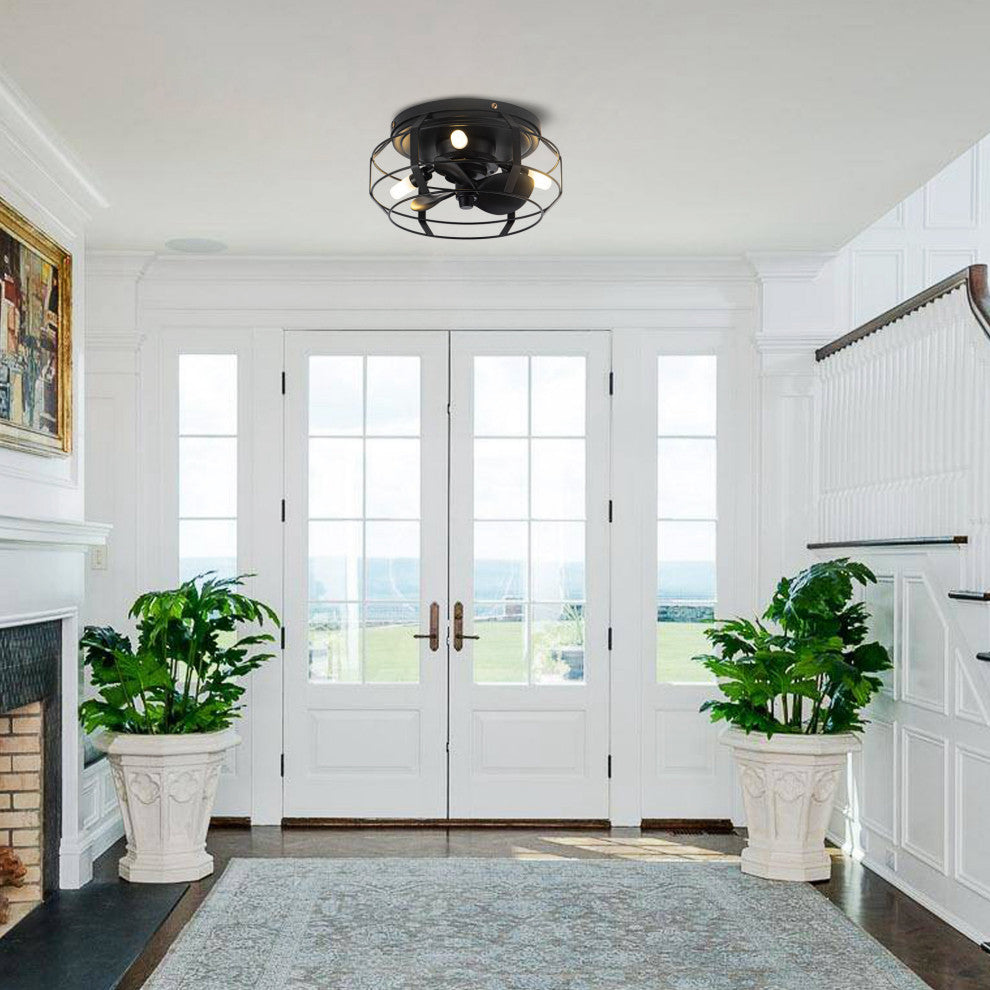 12 in Black Flush Mount Caged DC Motor Ceiling Fan with Light Kit and Remote