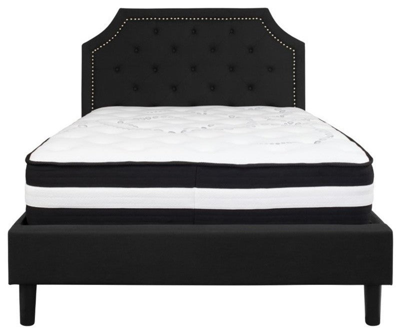 Brighton Full Size Tufted Platform Bed-Black Fabric With Pocket Spring Mattress