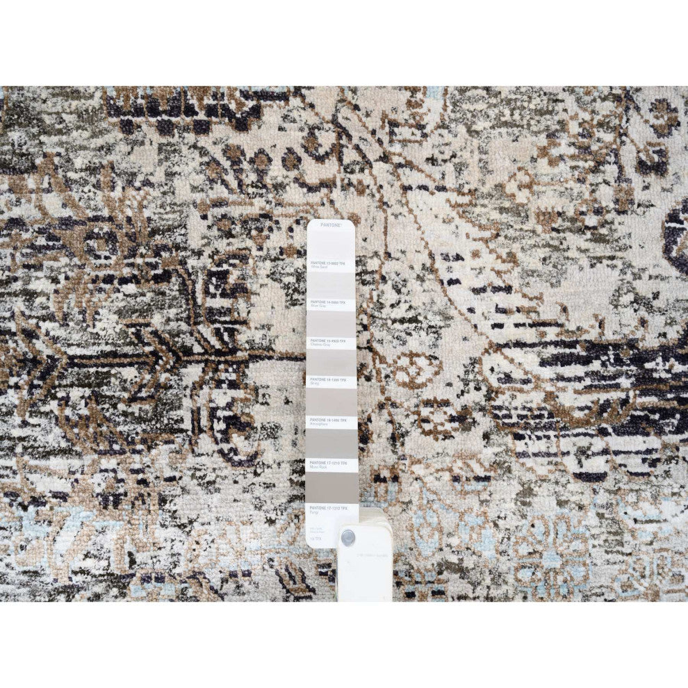 Gray, Hand Knotted, Modern, Silk with Textured Wool, Square Rug, 8'0" x 8'1"