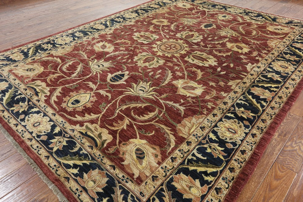 New Rajasthan Collection Red & Navy Blue 9'x12' Hand Knotted Wool Area Rug H8632