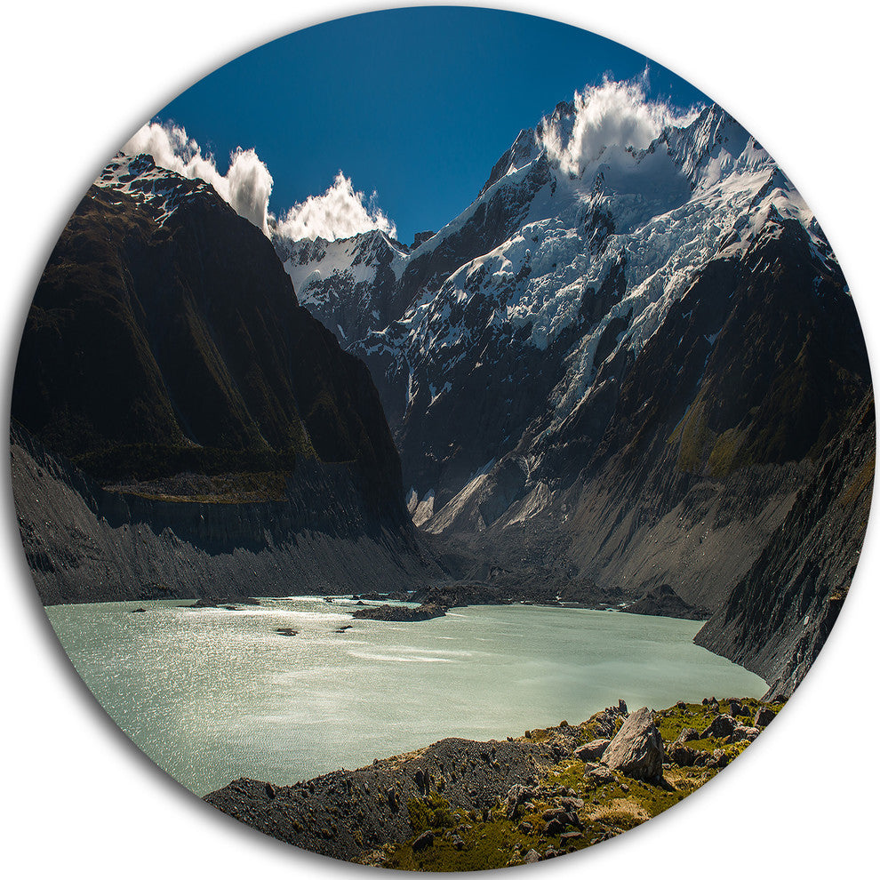 Frosty Mountains Over Blue Lake, Landscape Disc Metal Artwork, 23"