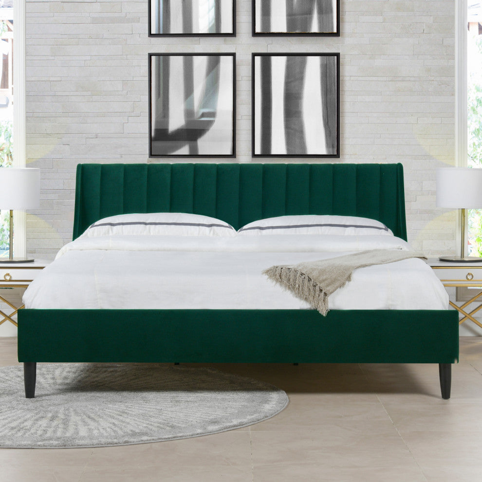 Aspen Modern Vertical Tufted Upholstered Platform Bed, Evergreen Velvet, King