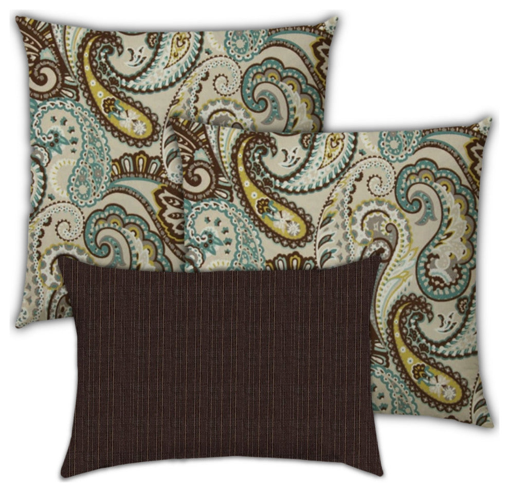 3-Piece Set Brown Paisley Indoor Outdoor Zippered Pillows
