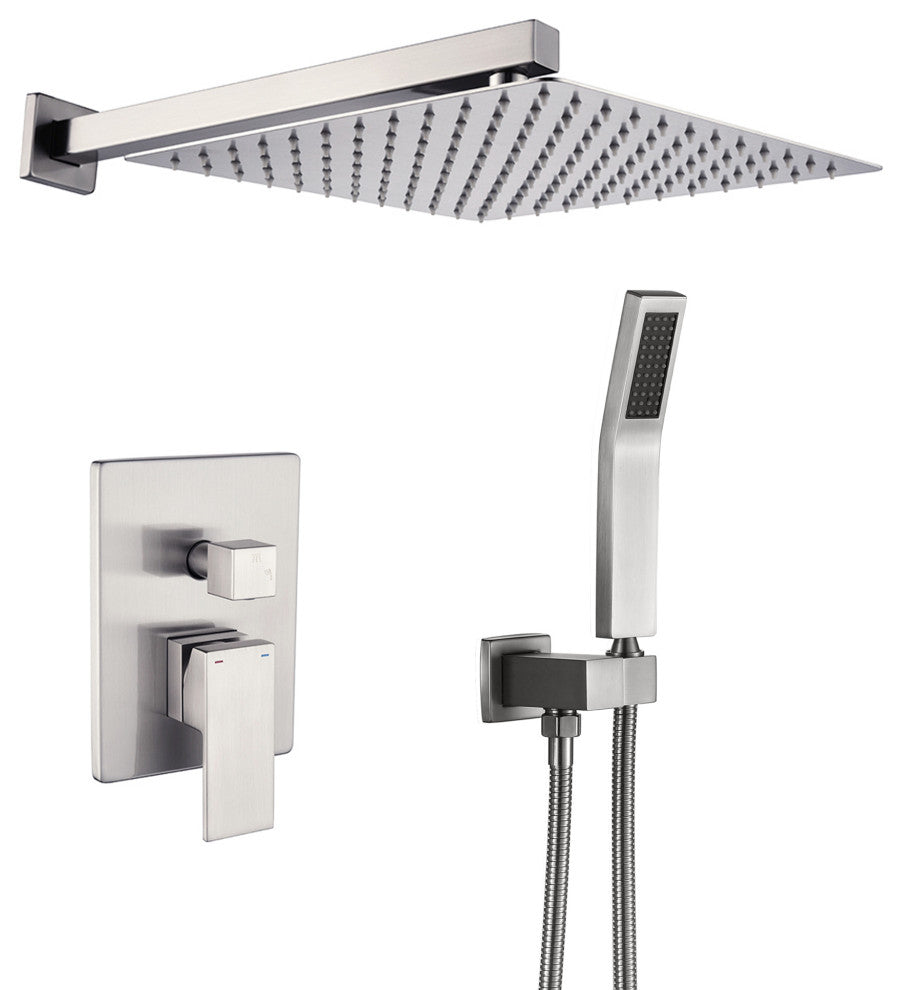 Wellfor Shower Faucet with Rain Shower Head, Handheld Shower and Valve, Brushed Nickel, 12" Shower Head