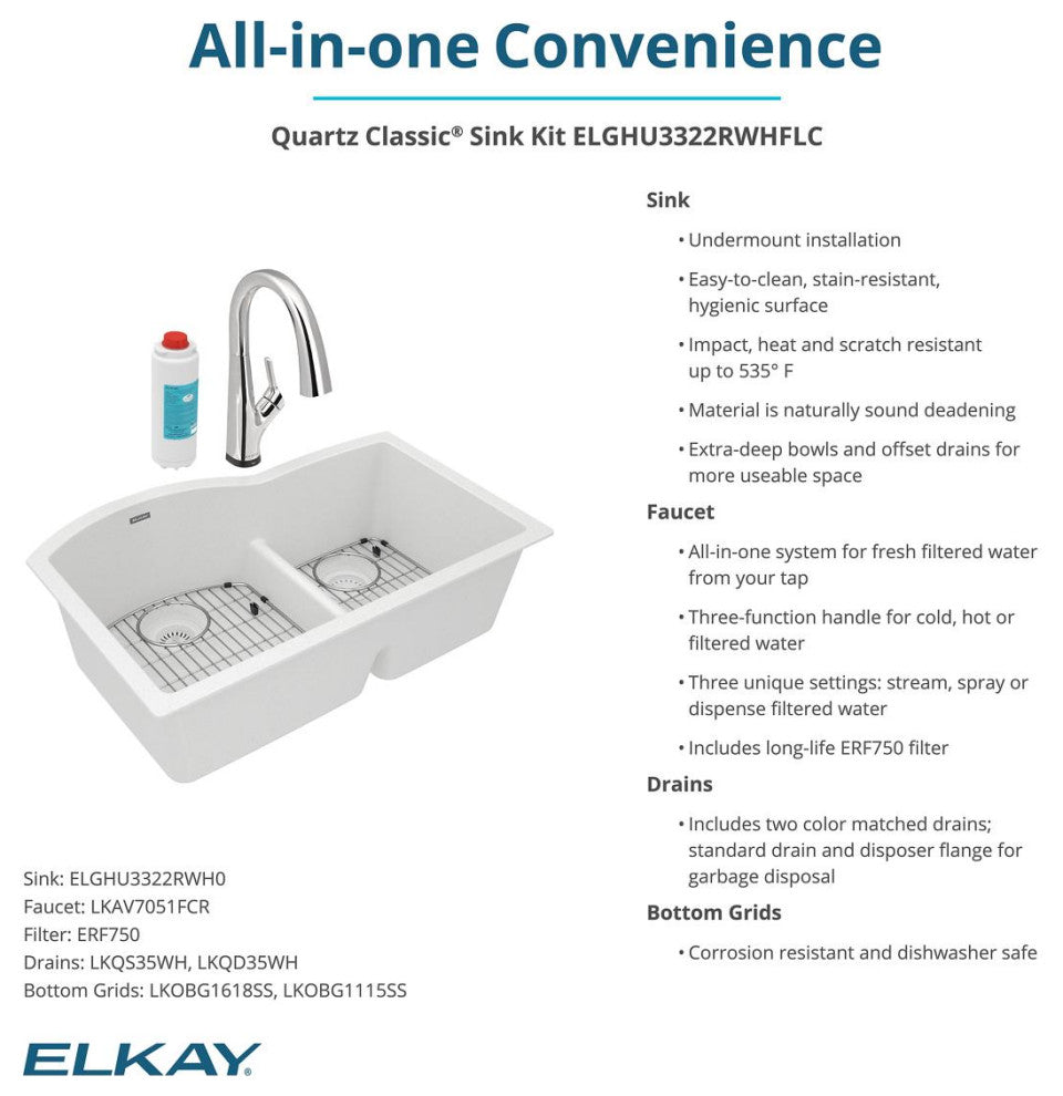 Quartz Classic 33" Undermount Sink Kit With Filtered Faucet, White