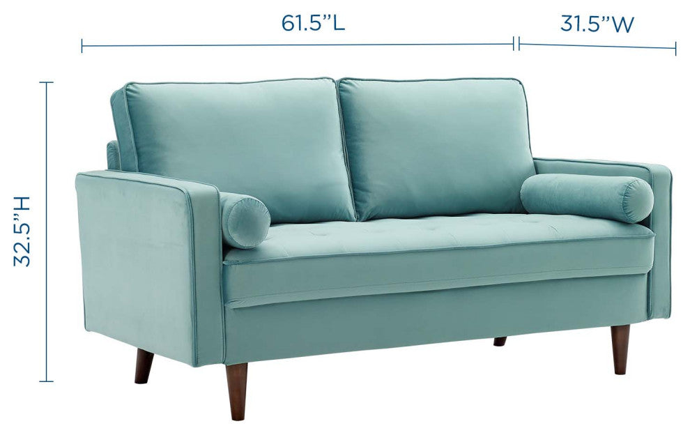 Loveseat Sofa, Velvet, Blue, Modern, Living Lounge Room Hotel Lobby Hospitality