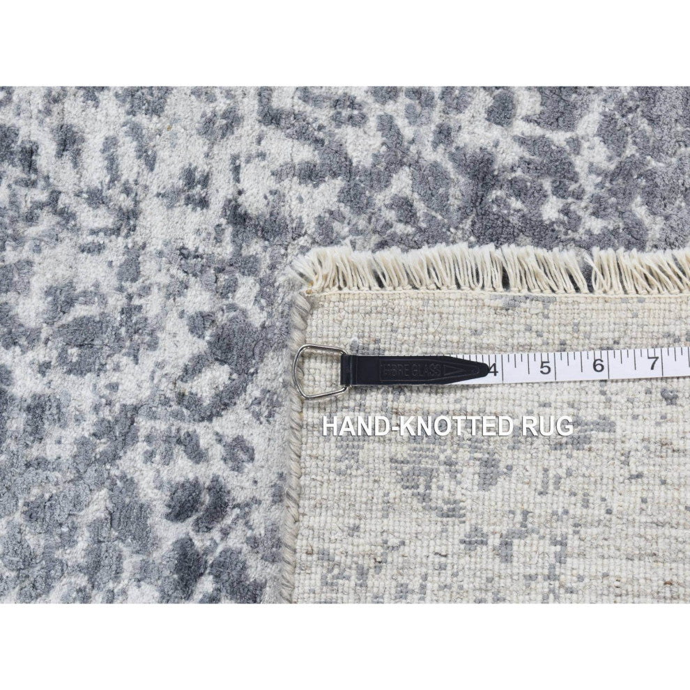 Gray Hand Knotted Erased Persian Design Wool and Silk Runner Rug 2'7"x7'10"