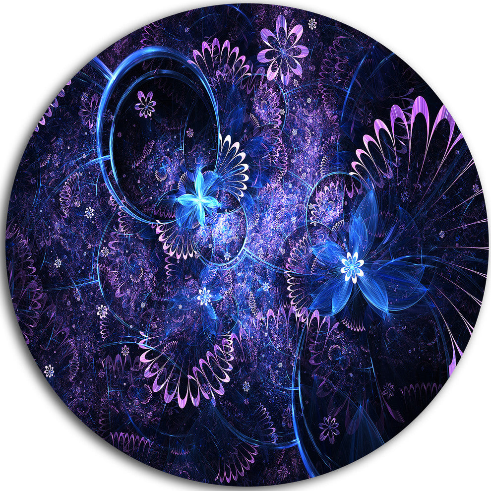 Dark Blue And Pink Fractal Flowers, Floral Disc Metal Artwork, 11"