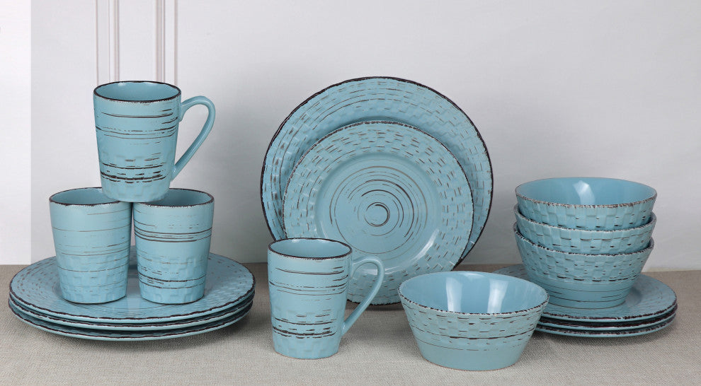 Basketweave 16 Piece Stoneware Dinner Set, Service for 4, Blue