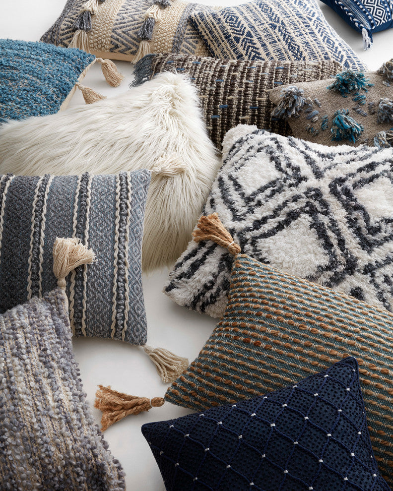 Blue Gray Tassels, Cotton Base Throw Pillow 22"x22", Down Fill