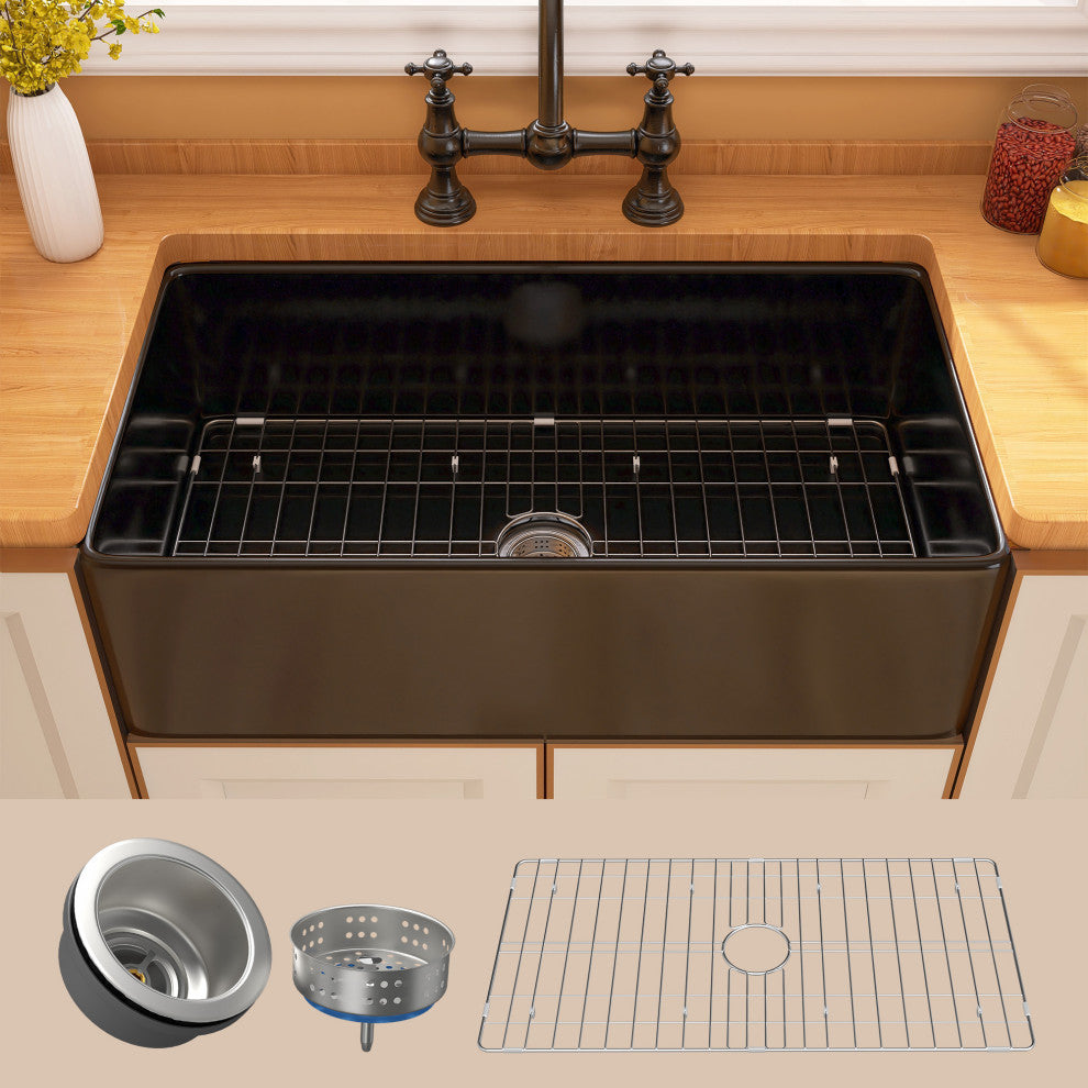 Black Fireclay 33 Inch Single Bowl Farmhouse Apron Front Kitchen Sink
