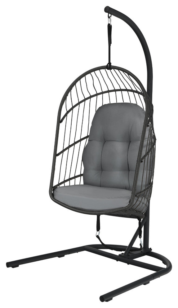 Costway Hanging Wicker Egg Chair w/ Stand Cushion Foldable Outdoor Indoor Gray