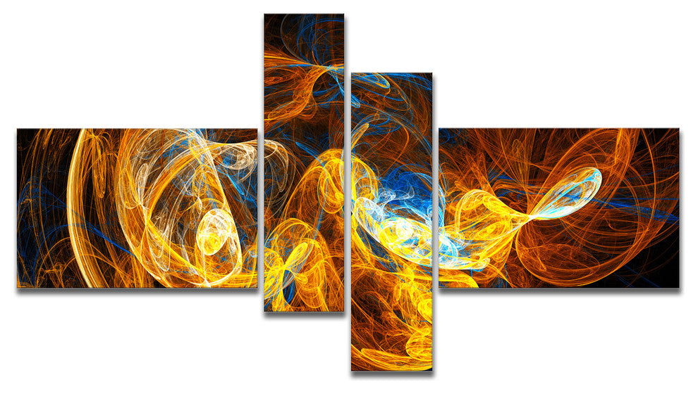 Fractal Smoke Texture Orange, Abstract Canvas art print, 60"x32", 4 panels
