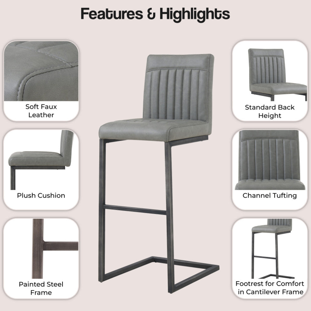 Ronan Bar/ Counter Stool, Set of 2, Antique Graphite Gray, Bar Stool, Faux Leather
