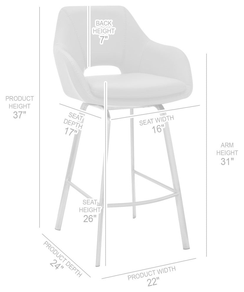 Aura Faux Leather and Metal Bar Stool, Stainless Steel and White, Counter Height, 23-28"