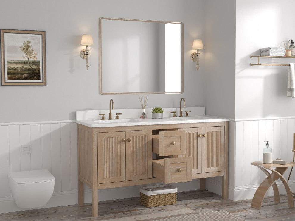 Modern Light Oak Sera Bathroom Vanity With White Quartz Top, 60" Double Sink